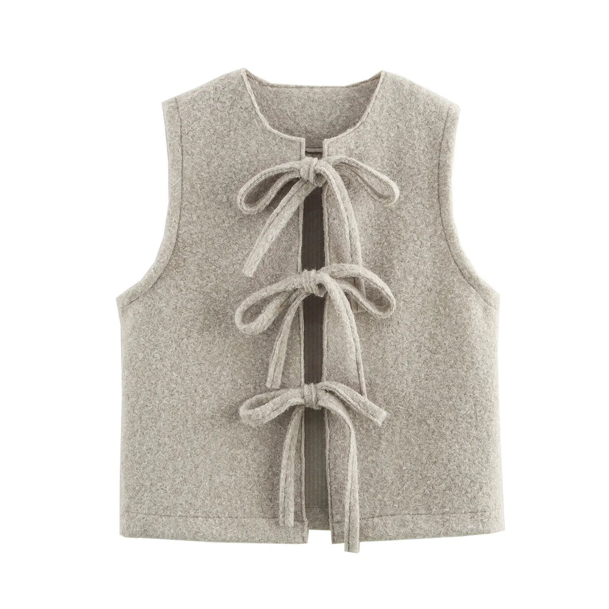 Women's new fashion bow Lace up decoration loose casual woolen vest coat retro O-Neck sleeveless women's vest chic top