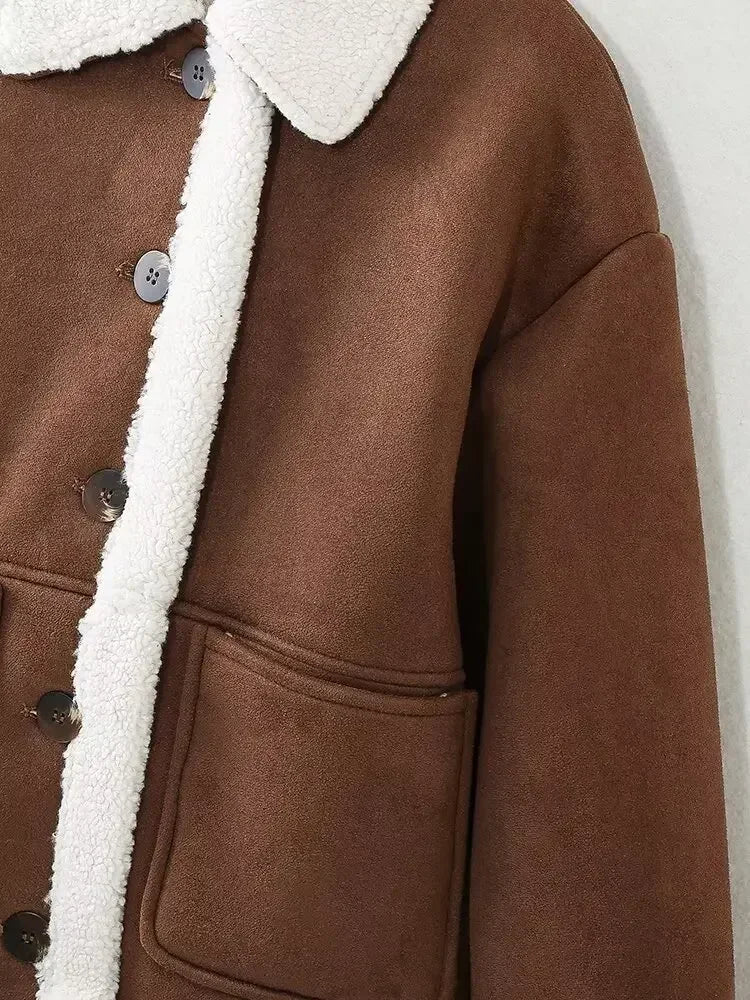 Women's new fashion With pocket warm single breasted double-sided Fur Faux Leather Coat retro long sleeved women's Coat Chic top