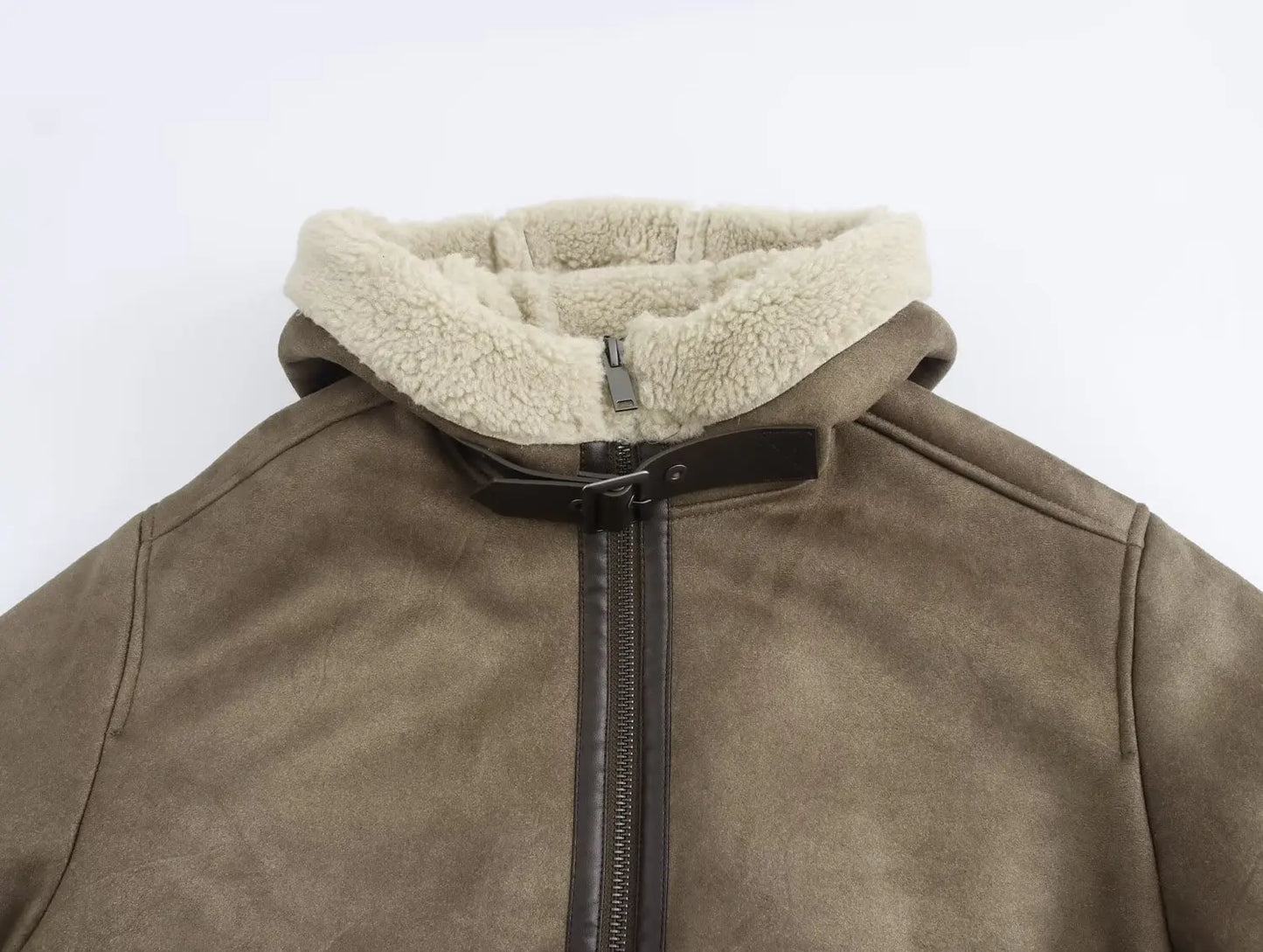 Women's winter fashion side pocket loose Thick warm Fur Faux Leather jacket Coat retro hooded long sleeved women's Coat chic top