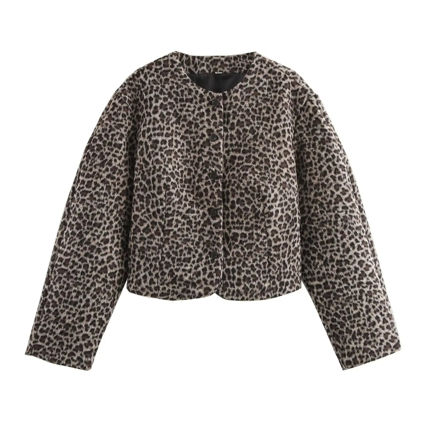 Women's new Fashion slim short single breasted Animal printed striped woolen coat retro O-Neck long sleeved Female coat chic top