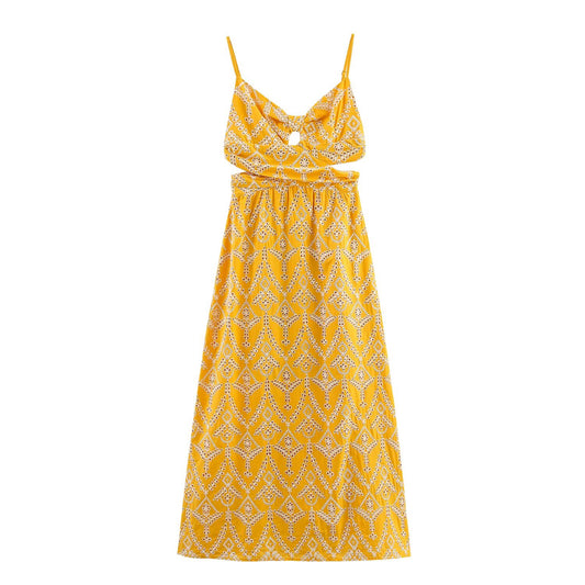 Women's New Fashion Sleeveless backless Embroidered suspender Midi Dress