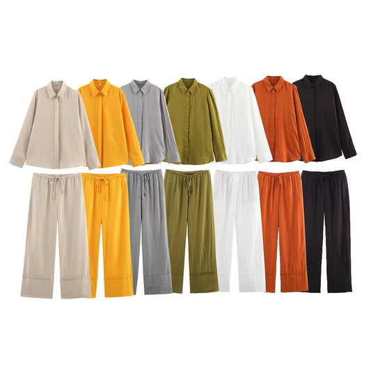 Women's new fashion loose single breasted casual linen blend shirt retro long sleeved women's shirt chic top+Pants Women's suit