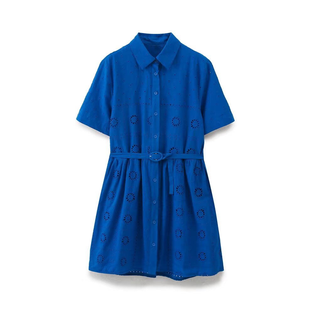 Ladies' New Fashion With Belt Short sleeved Single breasted Hollow Embroidered Mini Dress