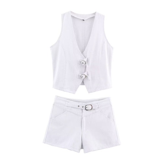 Women's new fashion short V-neck sleeveless denim vest+shorts suit