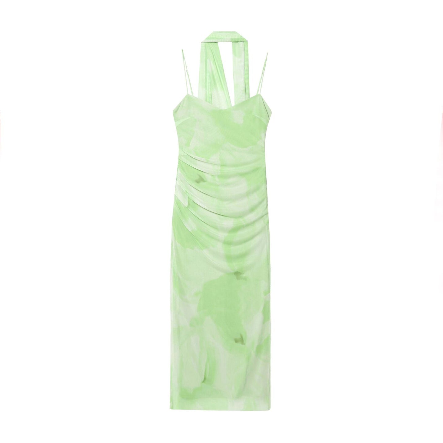 Women's New Fashion scarf decoration tulle pleated suspended Midi dress
