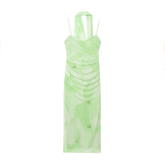 Women's New Fashion scarf decoration tulle pleated suspended Midi dress