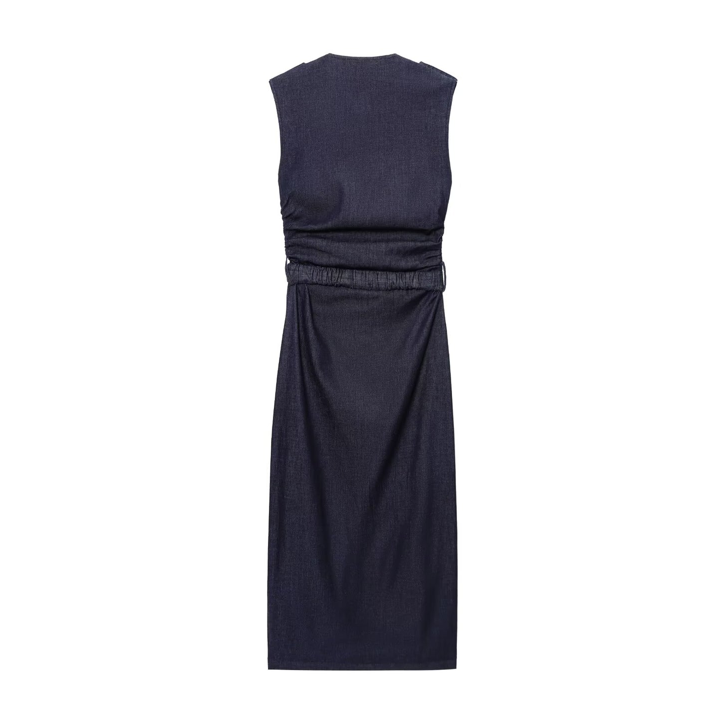 Women's 2025 new fashion with Belt slim pleated denim Midi dress