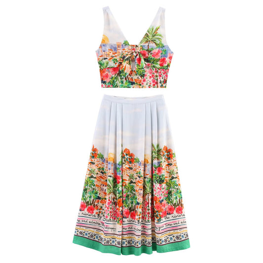 suit Women's 2 pieces new fashion bow decoration short printed top+Skirts suit