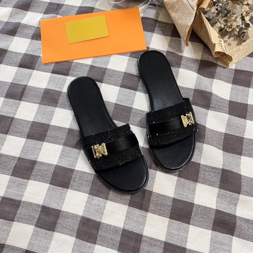 2025 Women's New Fashion Joker Metal Accessories Thin Bottom Flat Slippers