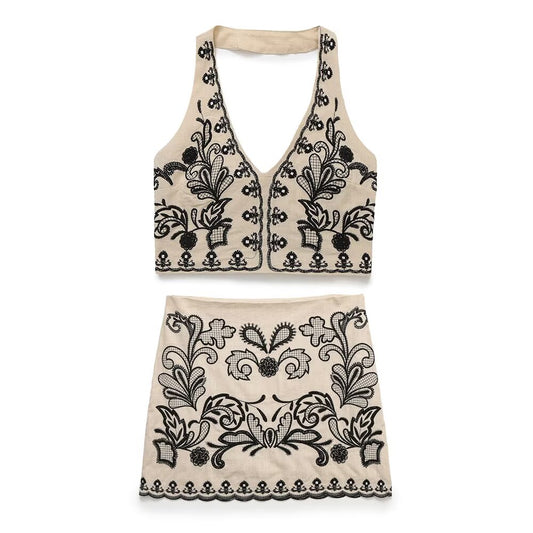 suit Women's 2 pieces new fashion short embroidered hanging neck top+Skirts suit