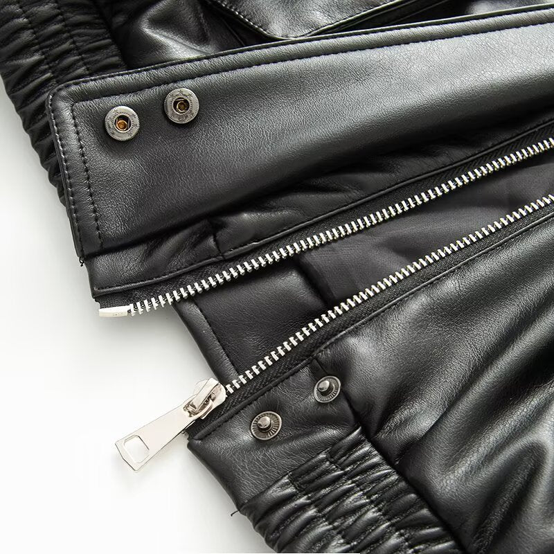 Women's black detachable faux Leather fur collar jacket Coat