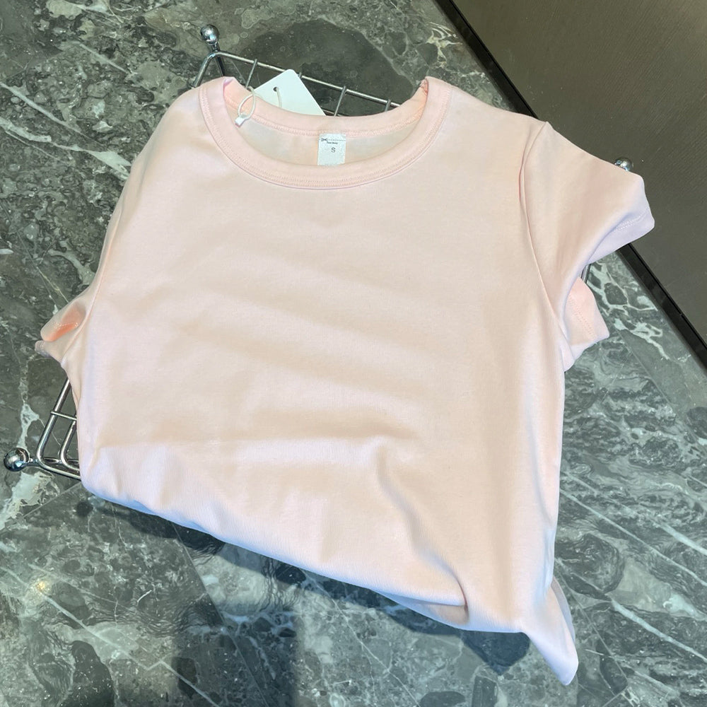 Women's New Fashion Casual Joker Shoulder Solid Color Short-sleeved O-neck T-shirt Retro Women's Chic T-shirt.