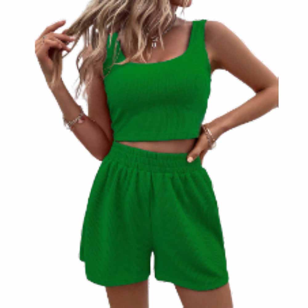 Women's new fashion knitted sleeveless short vest casual solid color elastic waist loose shorts fashion suit