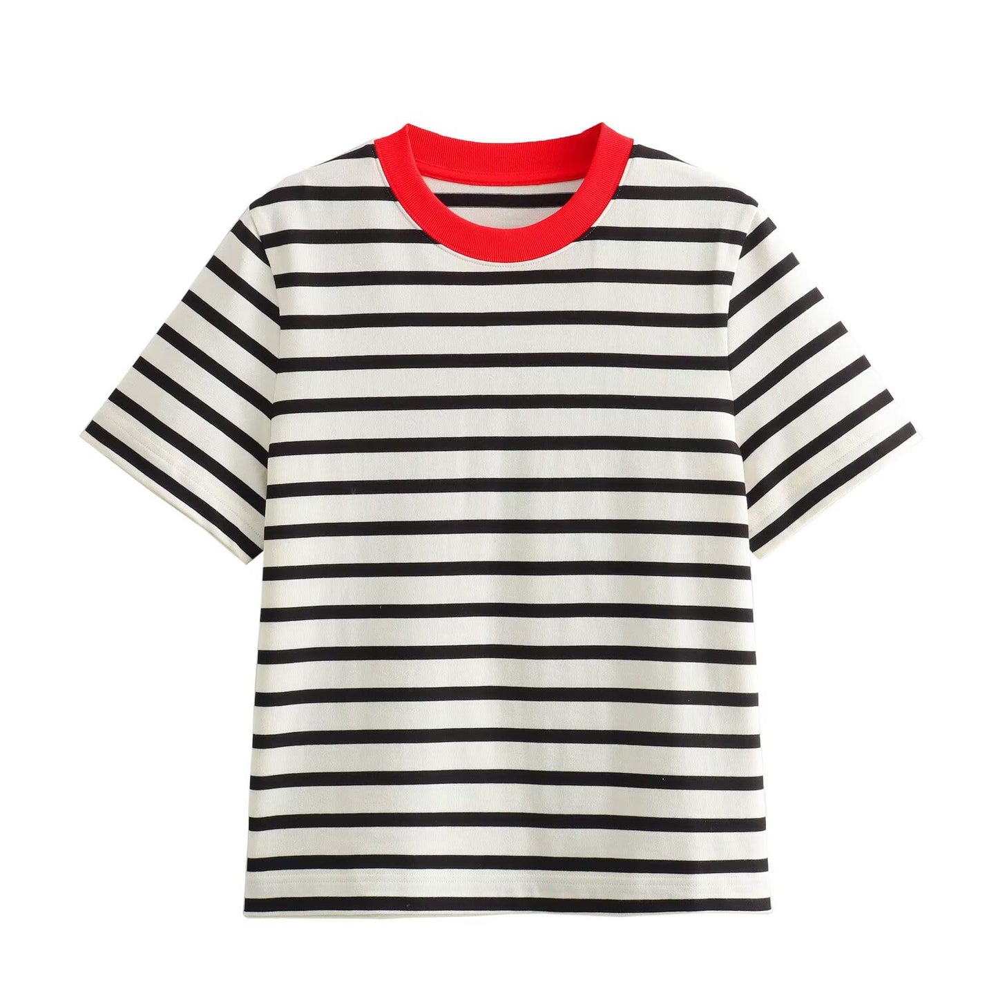 2025 summer women's basic style color blocked T-shirt casual O Neck striped T-shirt retro short sleeved women's T-shirt chic top