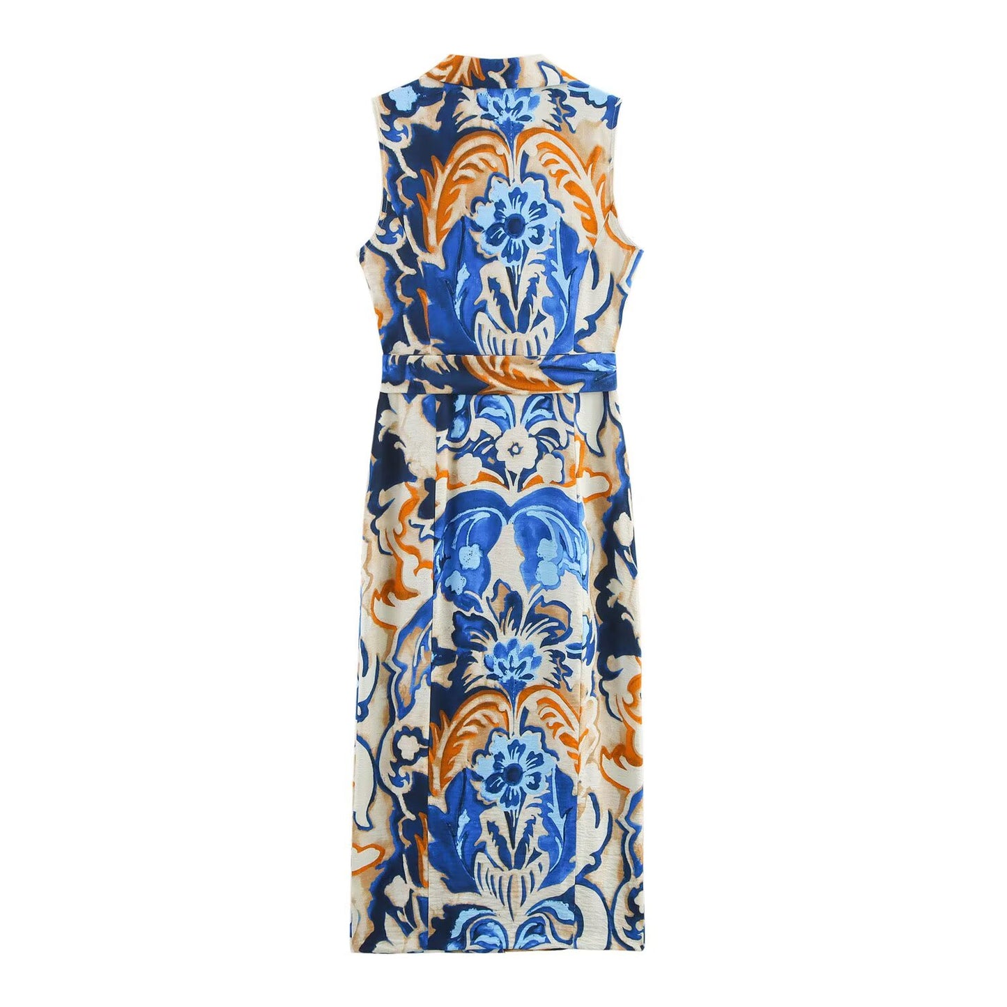 Women's new chic fashion With Belt slim single breasted printed shirt style MIDI dress retro sleeveless women's dress