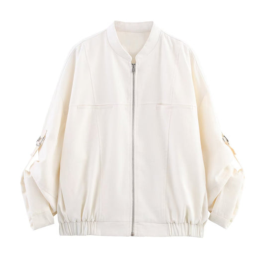 Women's new fashion loose linen blend rollable sleeve jacket coat