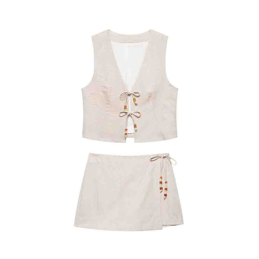 Set woman 2 pieces new short sleeveless linen blend V-neck vest+shorts suit