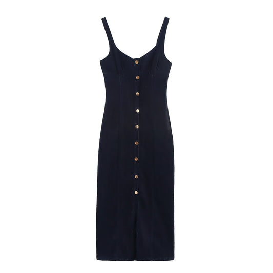 Women's New Fashion Wide Shoulder Strap Sexy Cowboy Midi Dress