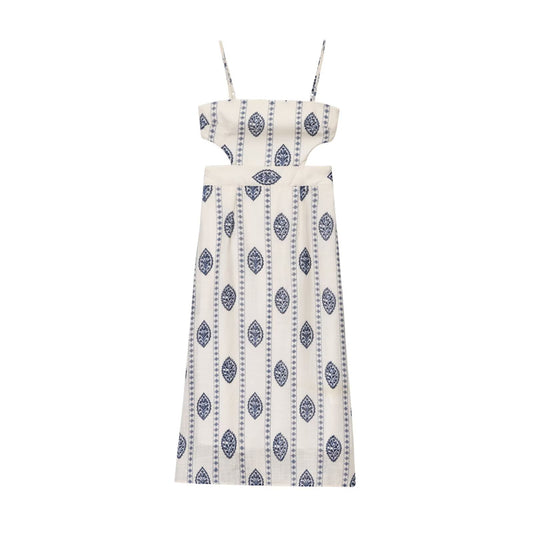 Women's New Fashion Hollow Design Printed suspender Midi Dress