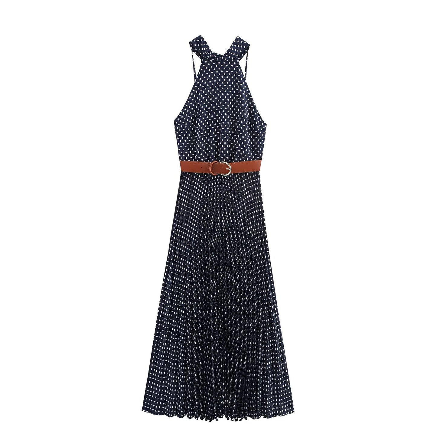Women's new fashion with Belt polka dot print hanging neck MIDI dress