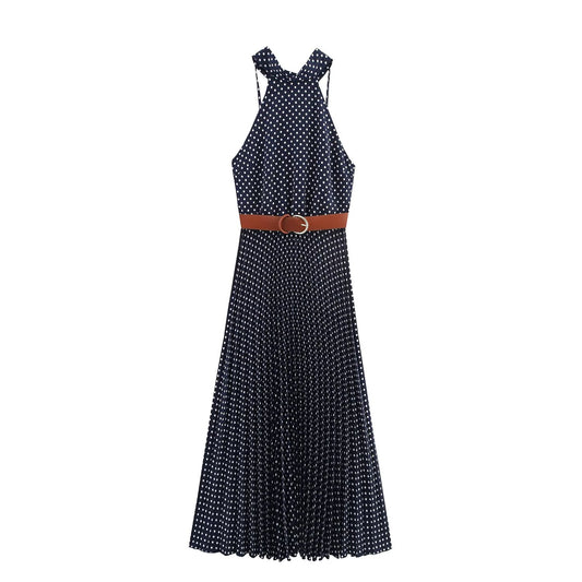 Women's new fashion with Belt polka dot print hanging neck MIDI dress