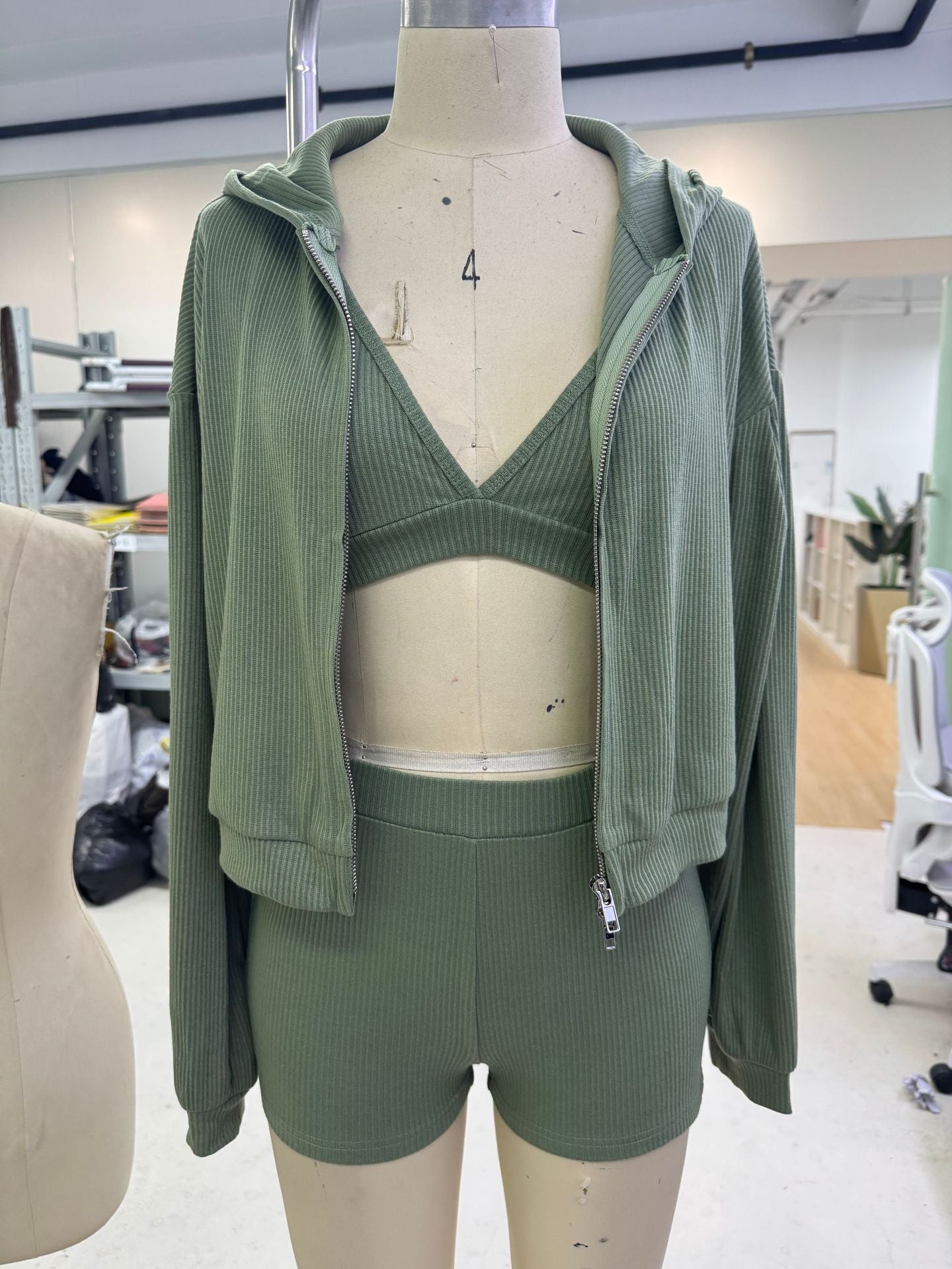 Women's Yoga Sportswear Knitted Zipper Hooded Cardigan Sweater V-neck Triangle Cup Bra High Waist Tight Shorts Casual Three-piece Suit