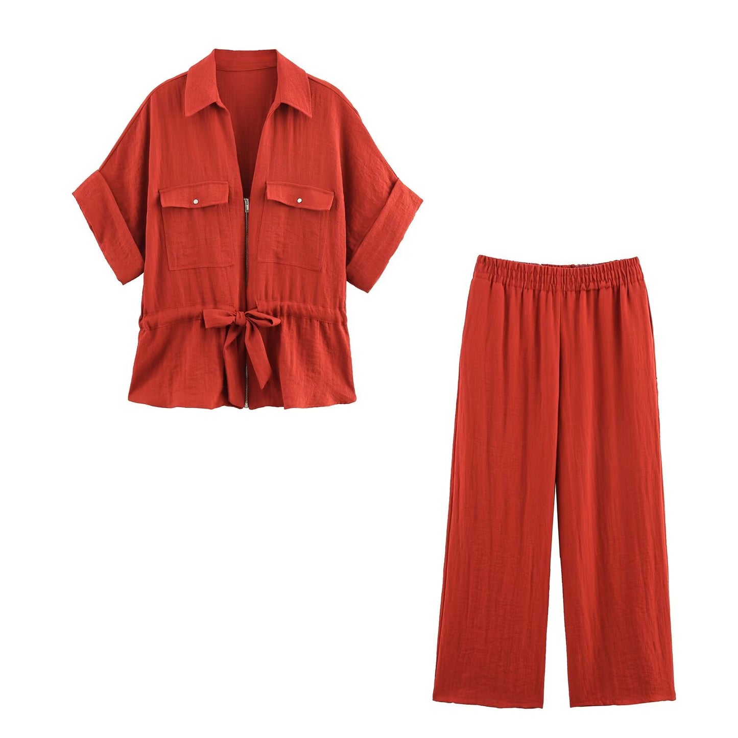 Women's' new fashion With Belt casual short sleeved zipper shirt+Pants Women's suit