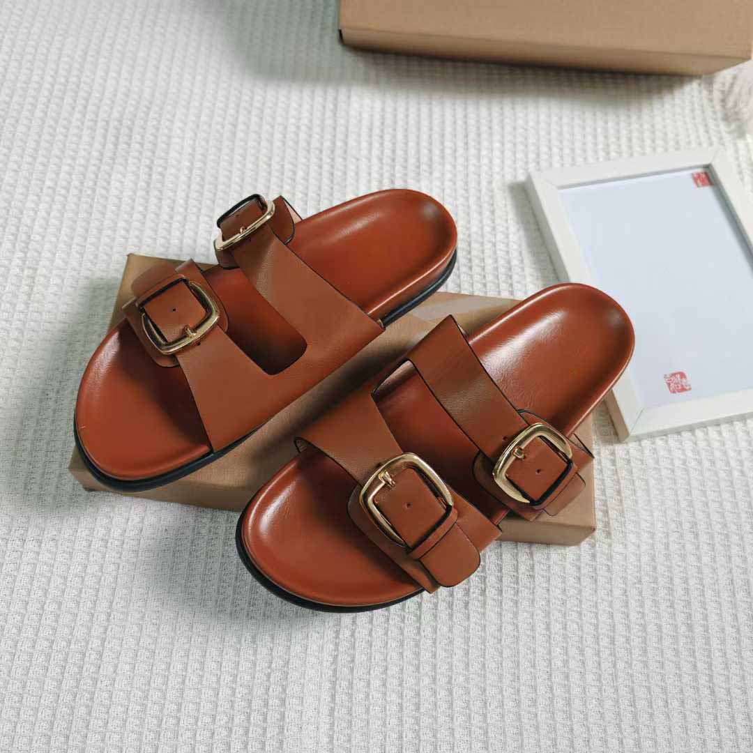 Women's New Fashion Casual Joker Double Belt Buckle Flat Sandals Wearing Joker Women's Slippers.