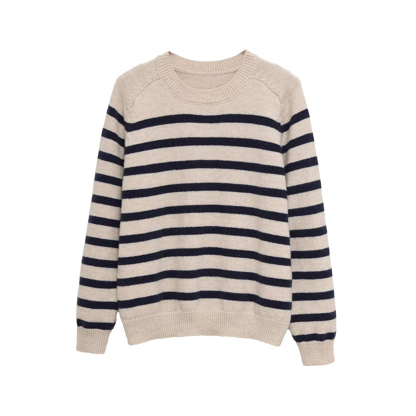 Women's O Neck long sleeved striped knitted sweater