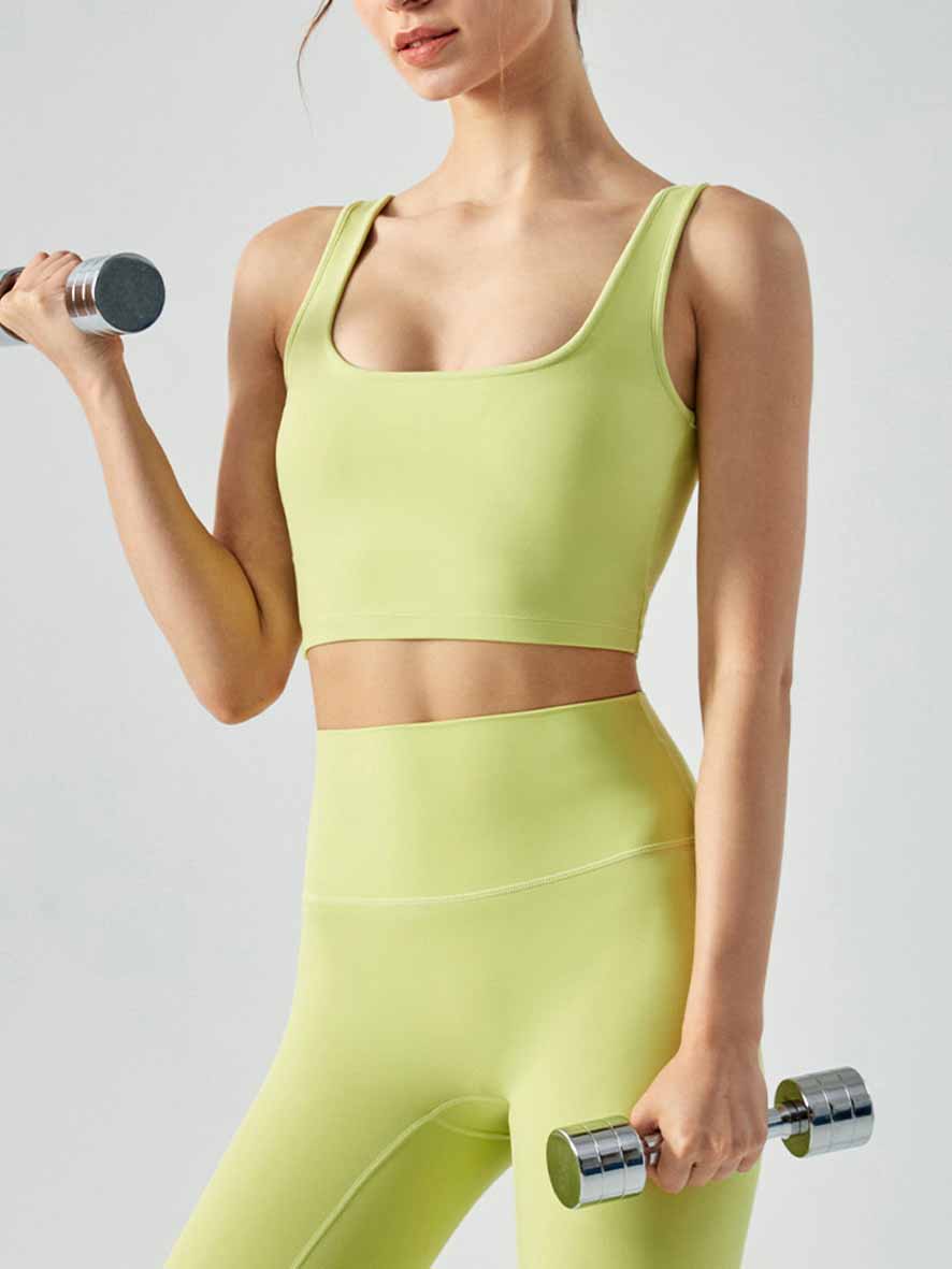 Women's New Square Neck Sports Shock-proof Fitness Running Top Yoga Vest with Chest Pad+average Size High Waist Fitness Quick-drying Tights