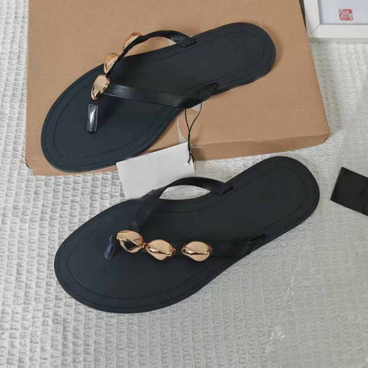 Women's New Casual Joker Flat-bottomed Herringbone Slippers with Metal Buckle Ladies Sandals