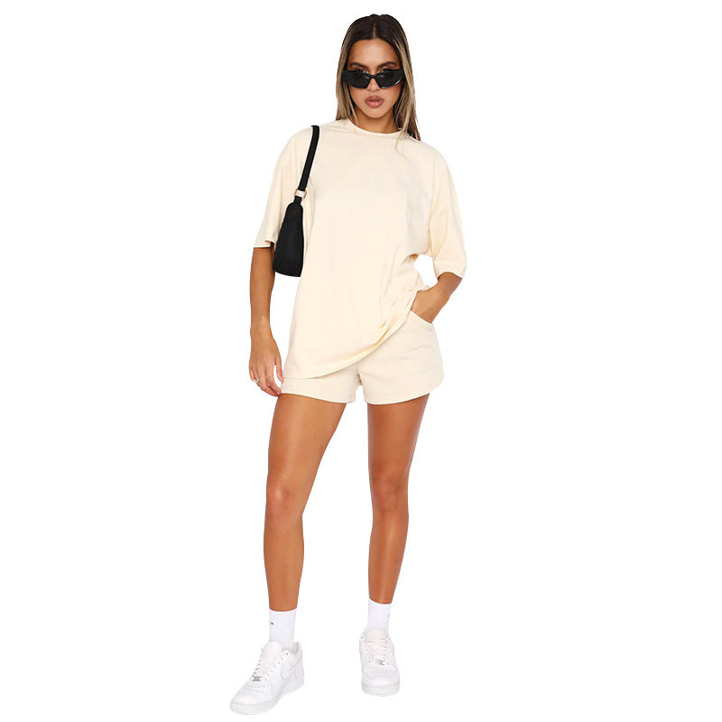 Women's Summer New Wild Polyester-cotton Solid Color Round Neck Sleeve Top Casual Shorts Suit
