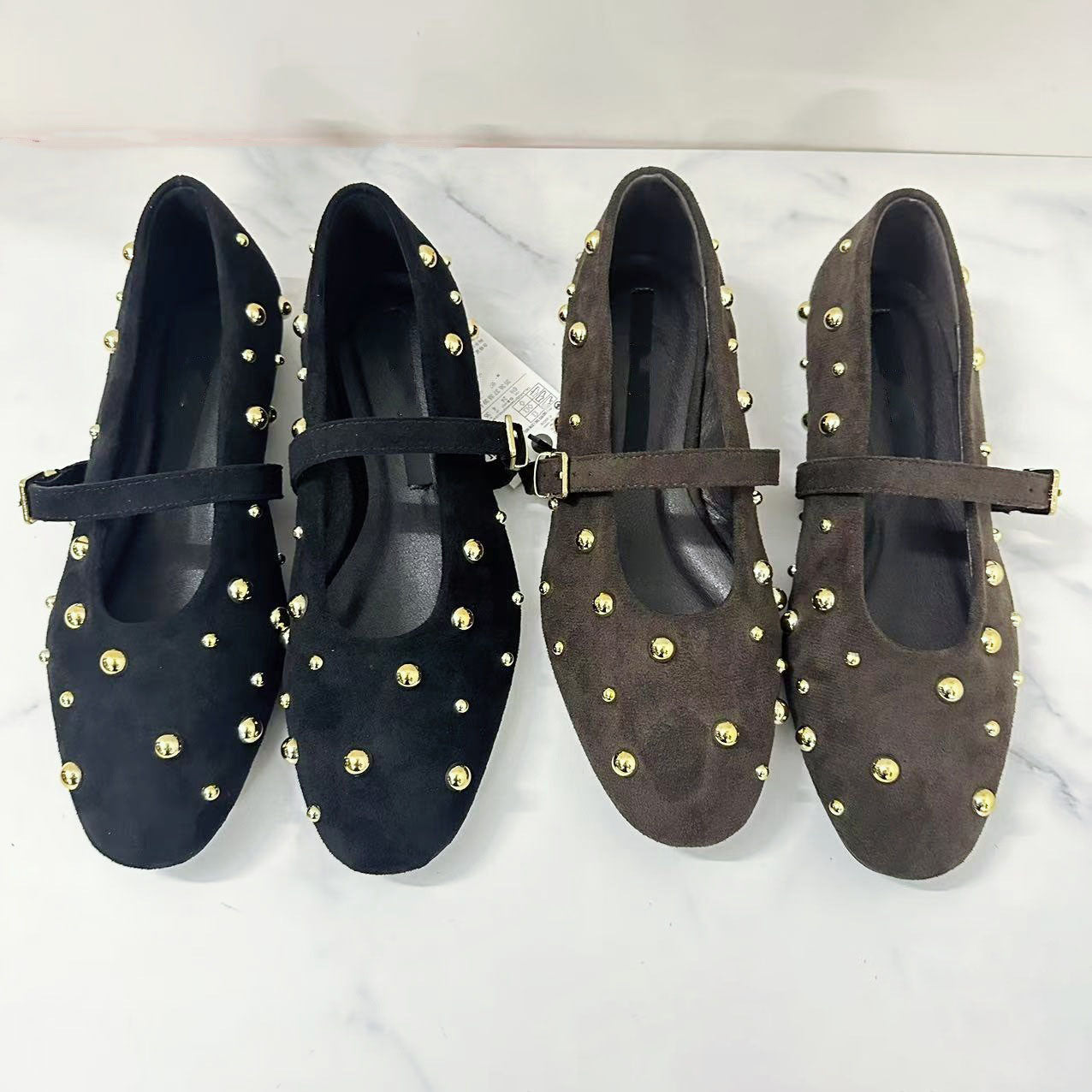 Women's 2025 New Fashion Joker Retro Rivet Mary Jane Suede Ballet Flat Shoes