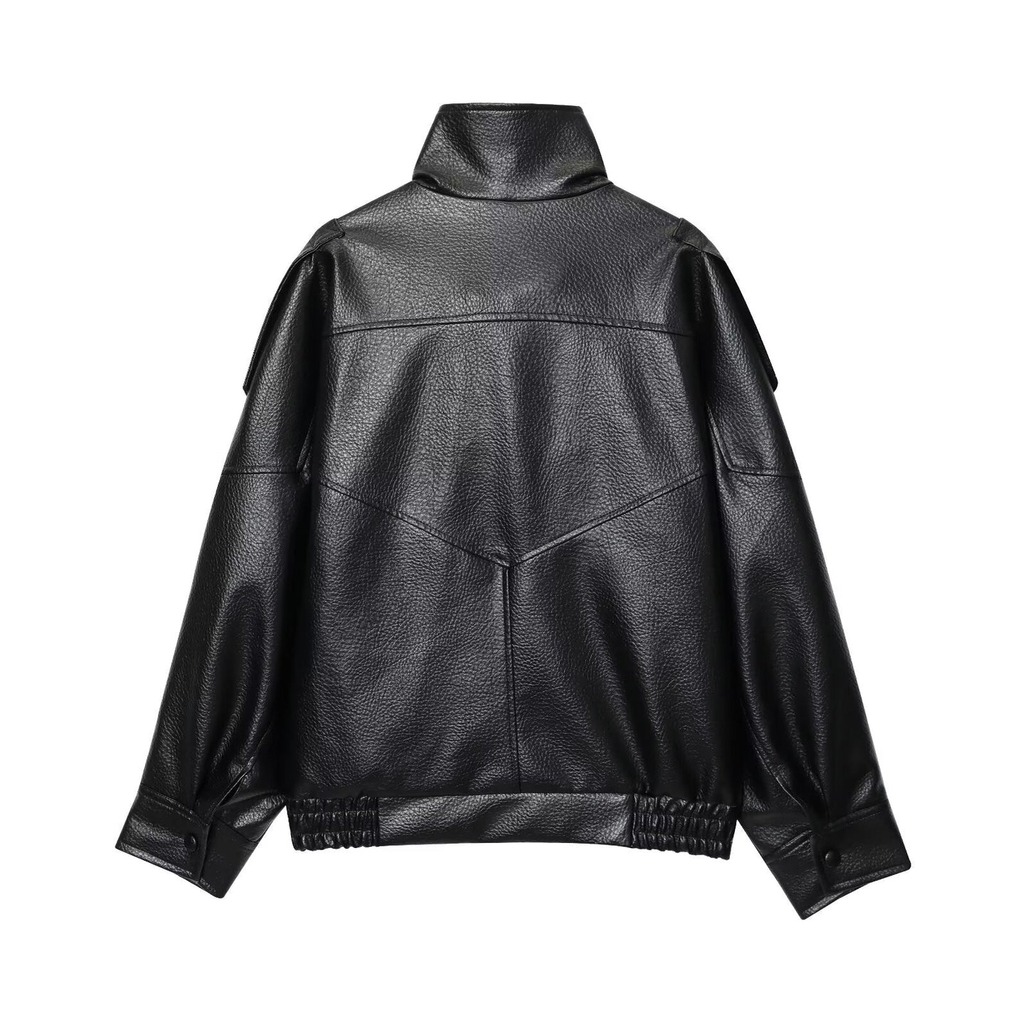Women's new loose stand collar Faux Leather jacket Coat