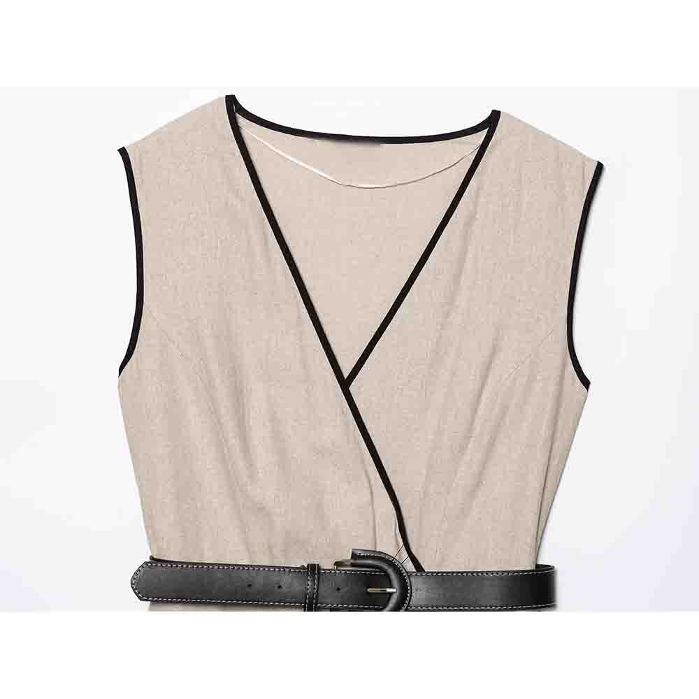 Women's new fashion With Belt Sleeveless Linen Blended V-neck Midi Dress