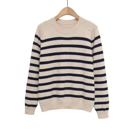 Women's O Neck long sleeved striped knitted sweater