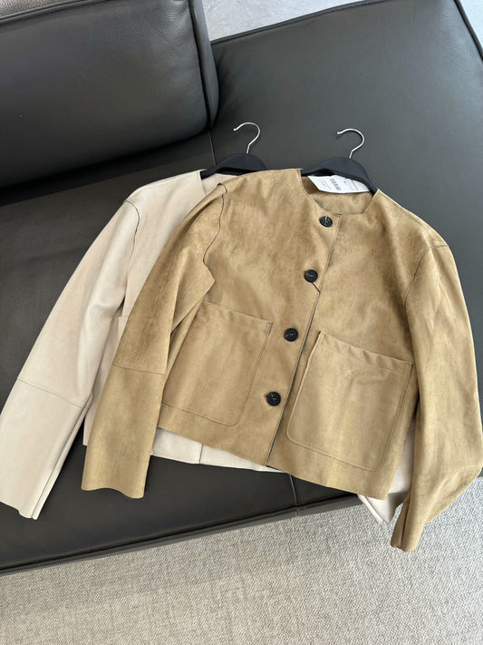 Women's 2025 new Fashion suede texture casual single breasted O Neck jacket coat retro long sleeved pocket women's coat chic top