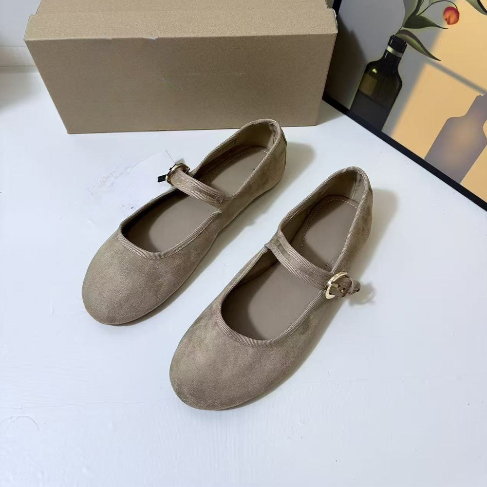 Women's new fashion Joker pull with suede shallow retro round-headed flat-bottomed ballet women's shoes
