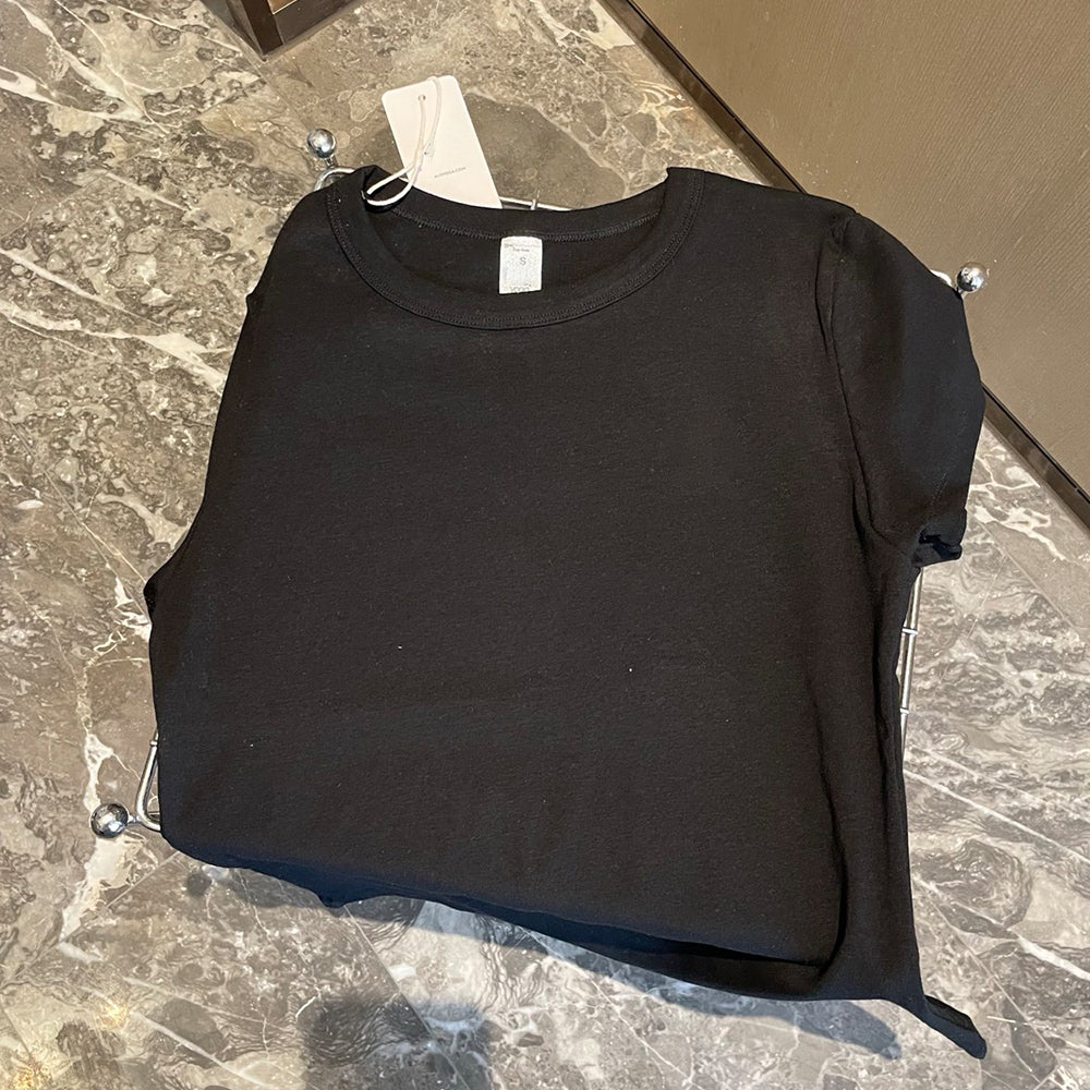 Women's New Fashion Casual Joker Shoulder Solid Color Short-sleeved O-neck T-shirt Retro Women's Chic T-shirt.
