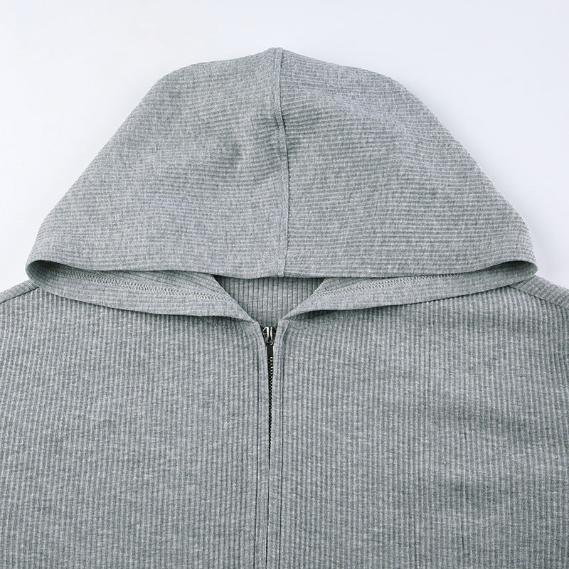 Women's Yoga Sportswear Knitted Zipper Hooded Cardigan Sweater V-neck Triangle Cup Bra High Waist Tight Shorts Casual Three-piece Suit