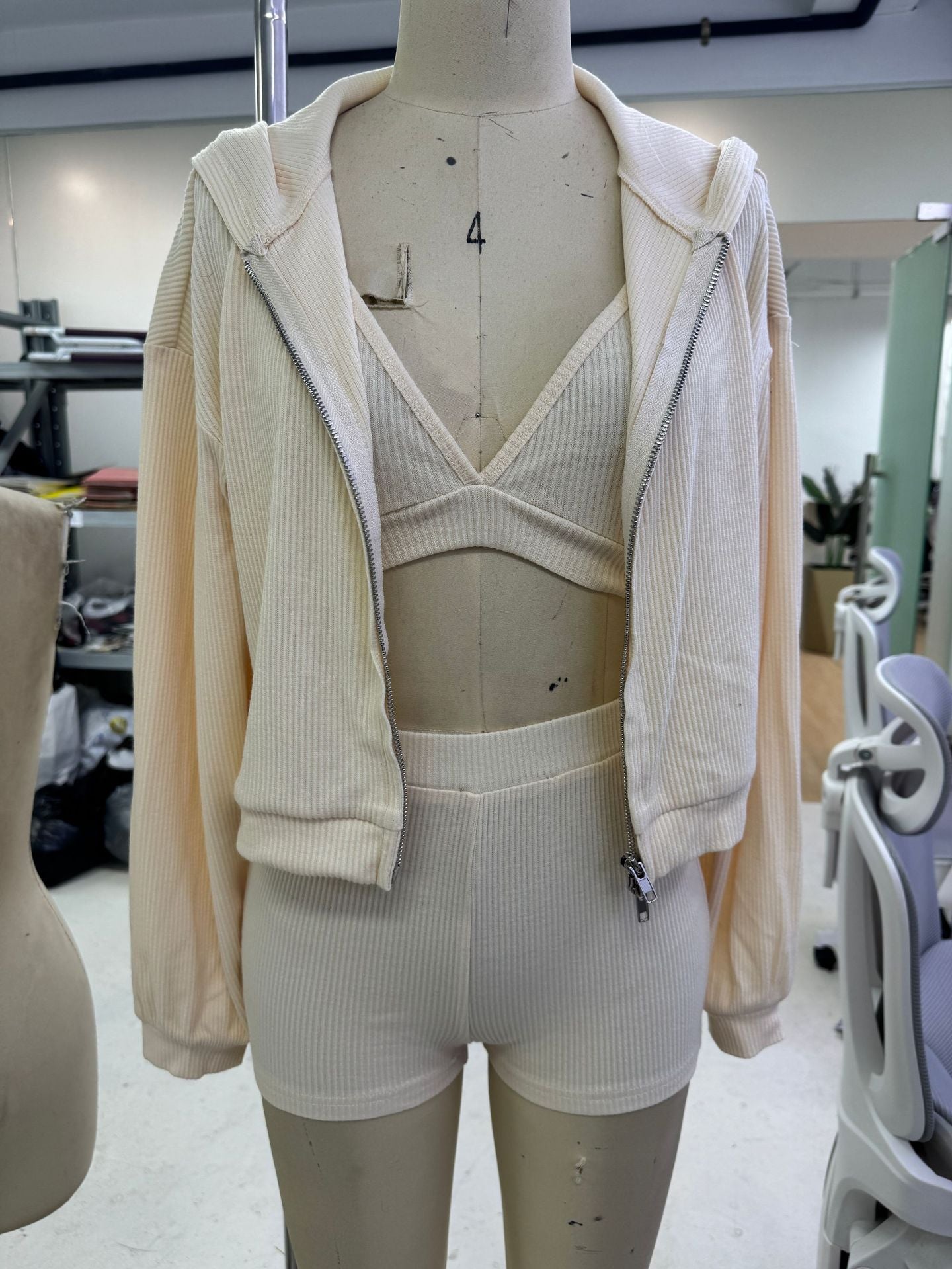 Women's Yoga Sportswear Knitted Zipper Hooded Cardigan Sweater V-neck Triangle Cup Bra High Waist Tight Shorts Casual Three-piece Suit