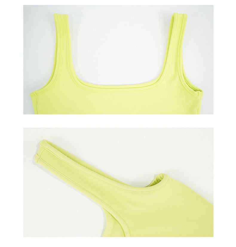 Women's New Square Neck Sports Shock-proof Fitness Running Top Yoga Vest with Chest Pad+average Size High Waist Fitness Quick-drying Tights