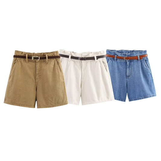Women's New Fashion With Belt High Waist Paper Bag style Casual Denim shorts
