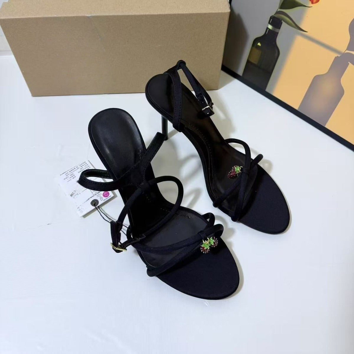 Women's New Fashion Joker Black Cross Strap Beaded Open Toe Rhinestone Stiletto Sandals.