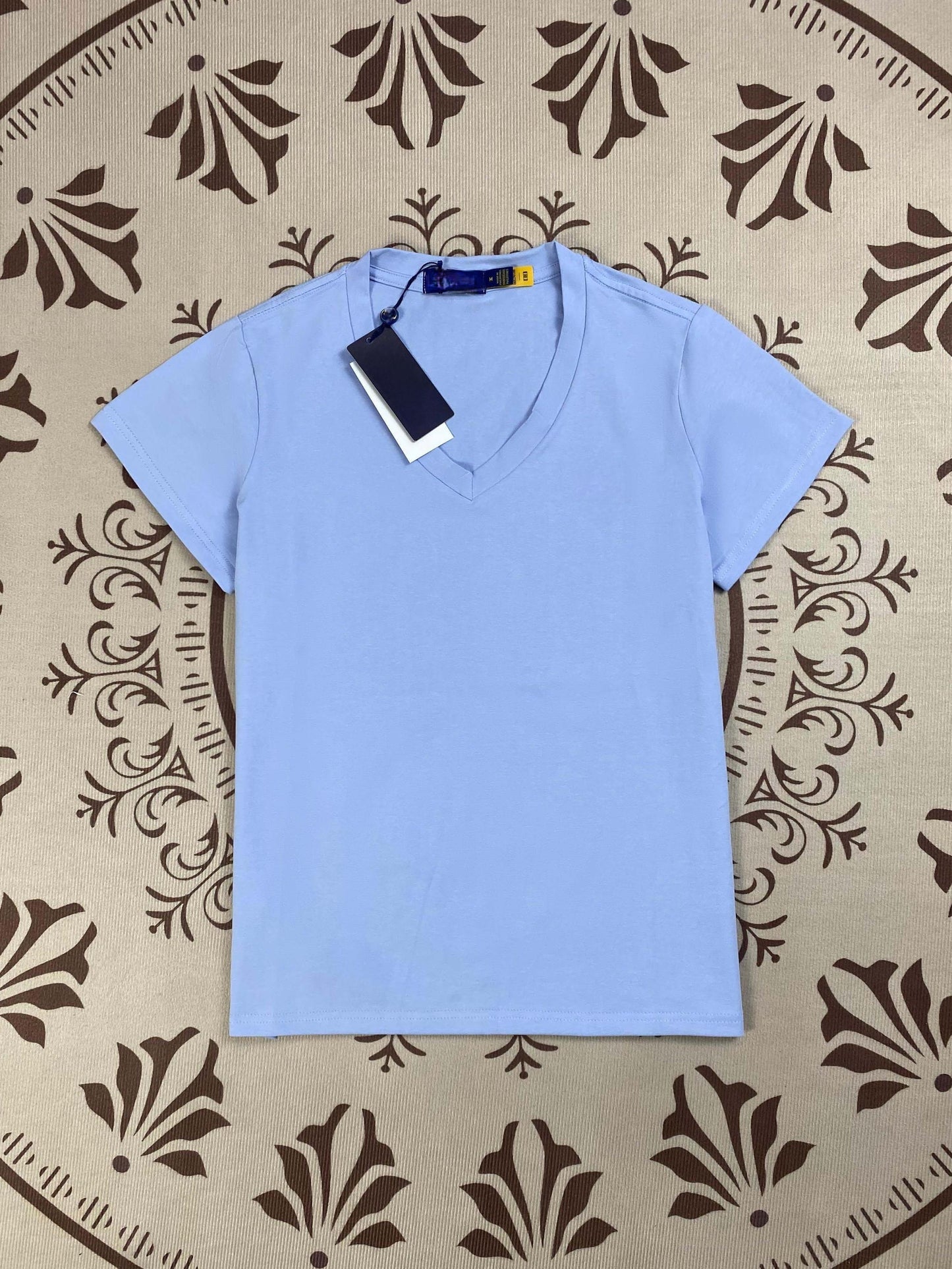 Women's New Fashion Joker Embroidered Pure Cotton Solid Color V-neck Slim T-shirt