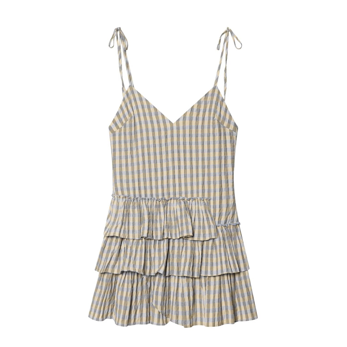 Women's layered decorative plaid suspender dress