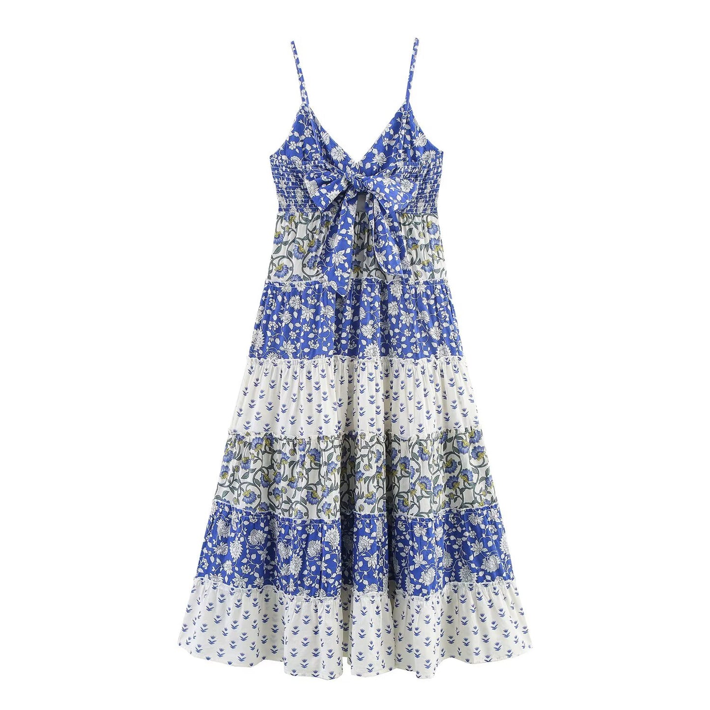 Women's new fashion sleeveless patchwork printed suspender MIDI dress