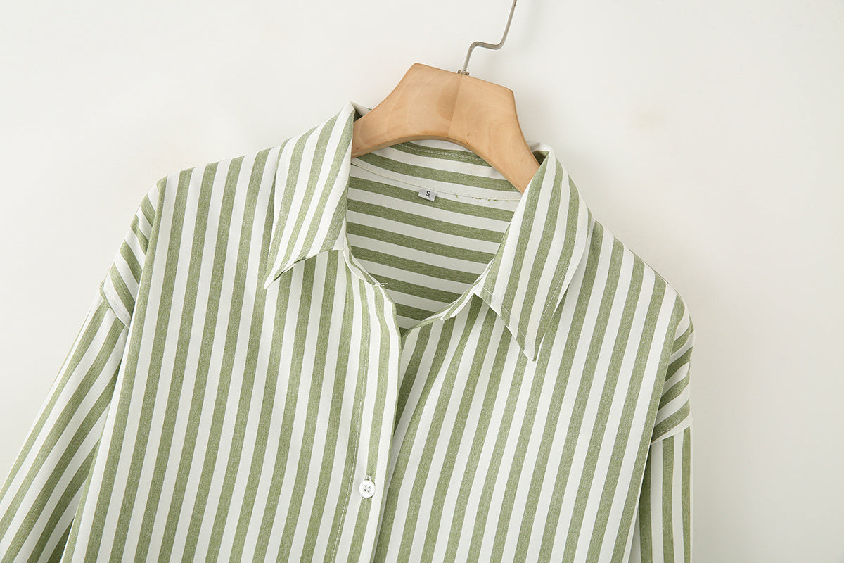 Women's new fashion loose printed striped shirt casual comfortable poplin shirt retro long sleeved button up women's shirt chic top