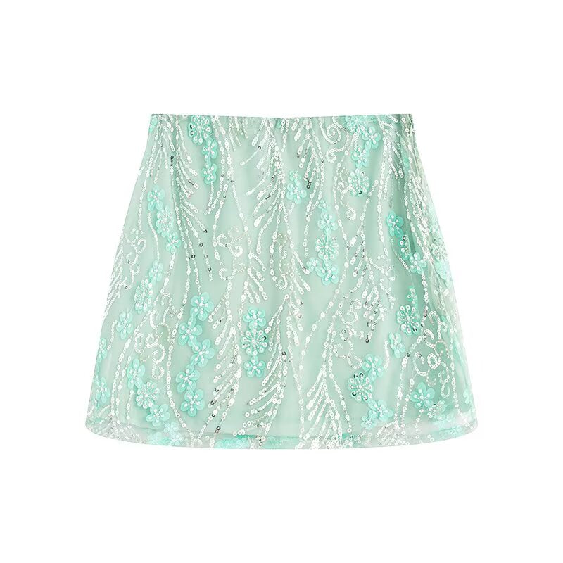 Ladies' 2025 New Fashion Flower sequin Decoration Slim Embroidered Mesh Mini Skirt