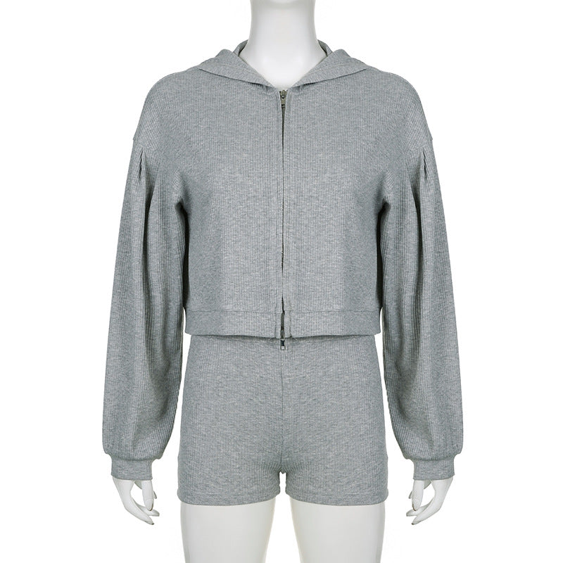 Women's Yoga Sportswear Knitted Zipper Hooded Cardigan Sweater V-neck Triangle Cup Bra High Waist Tight Shorts Casual Three-piece Suit